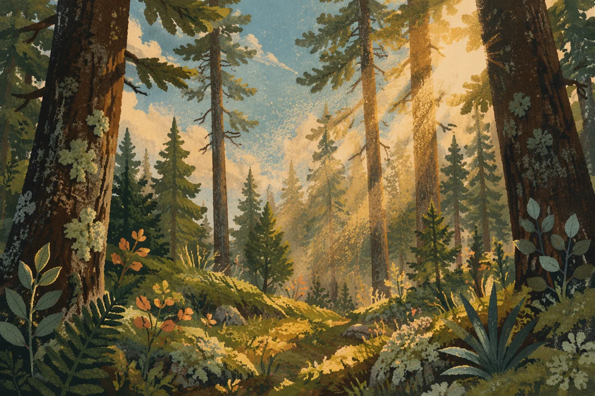 Sunlight Through Evergreen Forest Canopy