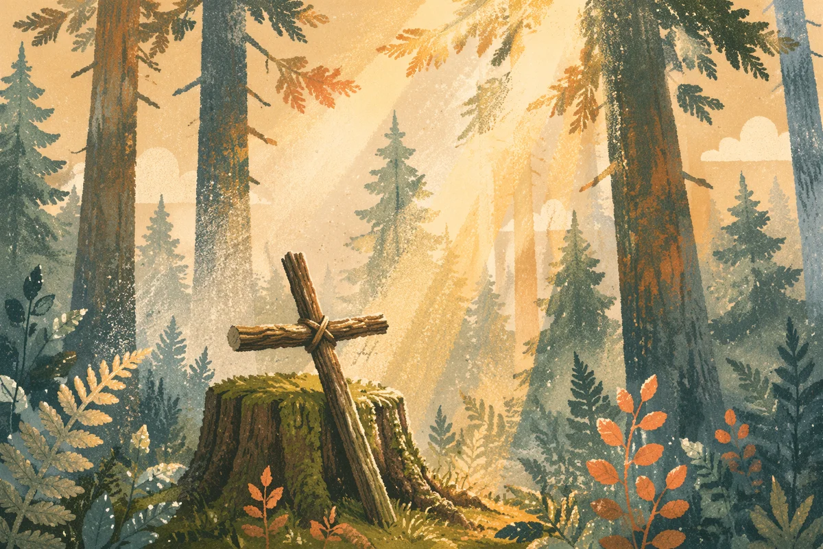 Sunlit Evergreen Forest Cross at Dawn