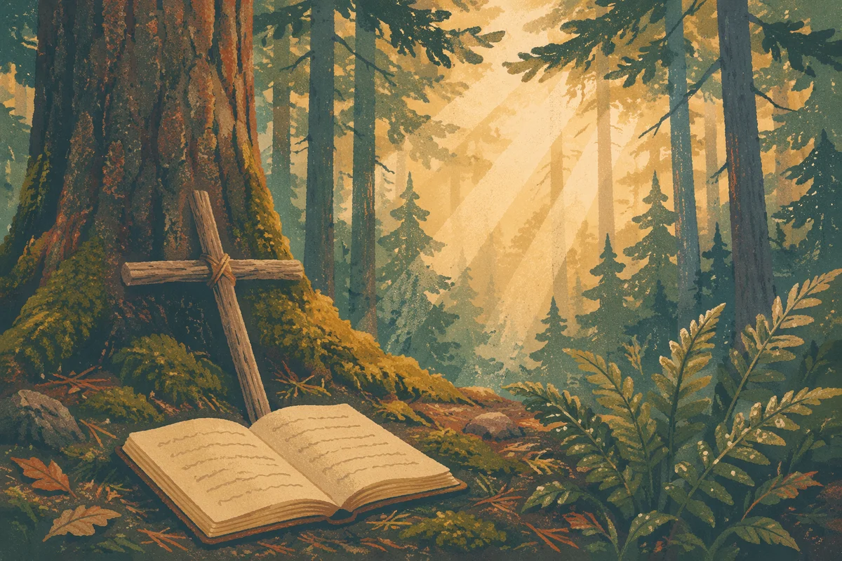 Morning Sunlight Through Evergreen Prayer Forest