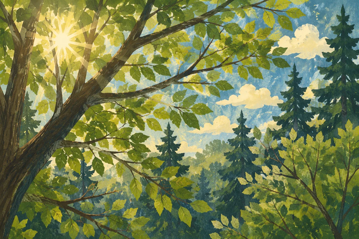 Morning Sunlight Through Evergreen Forest Canopy