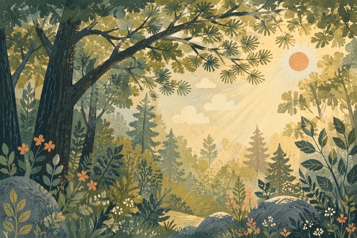 Sunlight Through Evergreen Forest Canopy