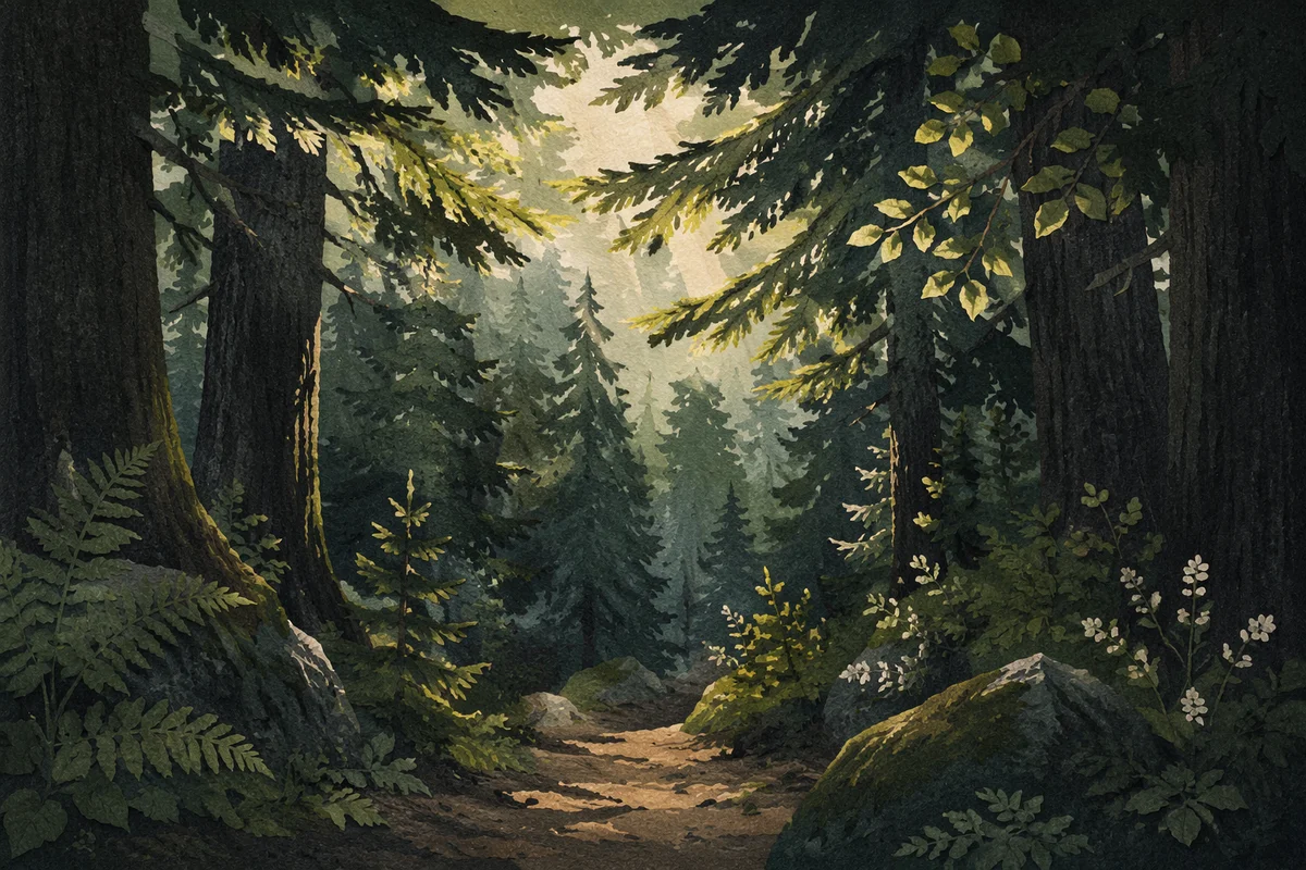 Sunlit Evergreen Forest Canopy Path