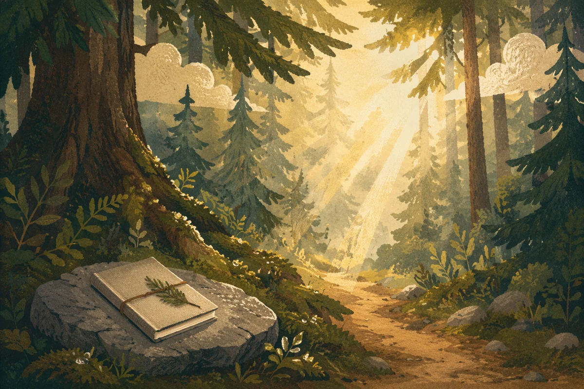 Sunlit Evergreen Forest Path for Reflection