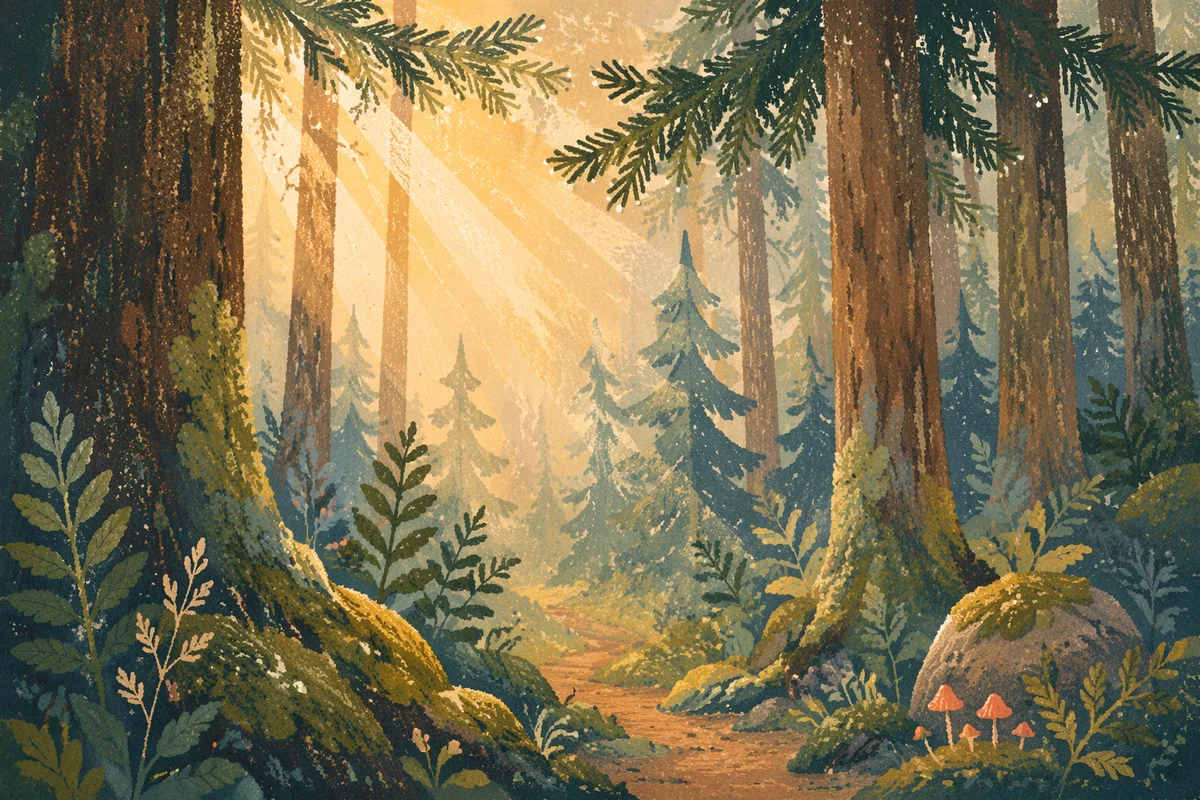 Golden Sunbeams Through Evergreen Forest Canopy