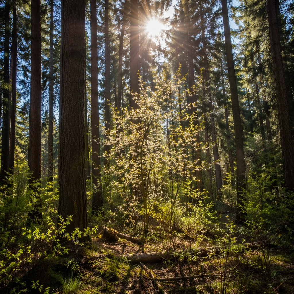 Sunlit Evergreen Forest with White Blossoms