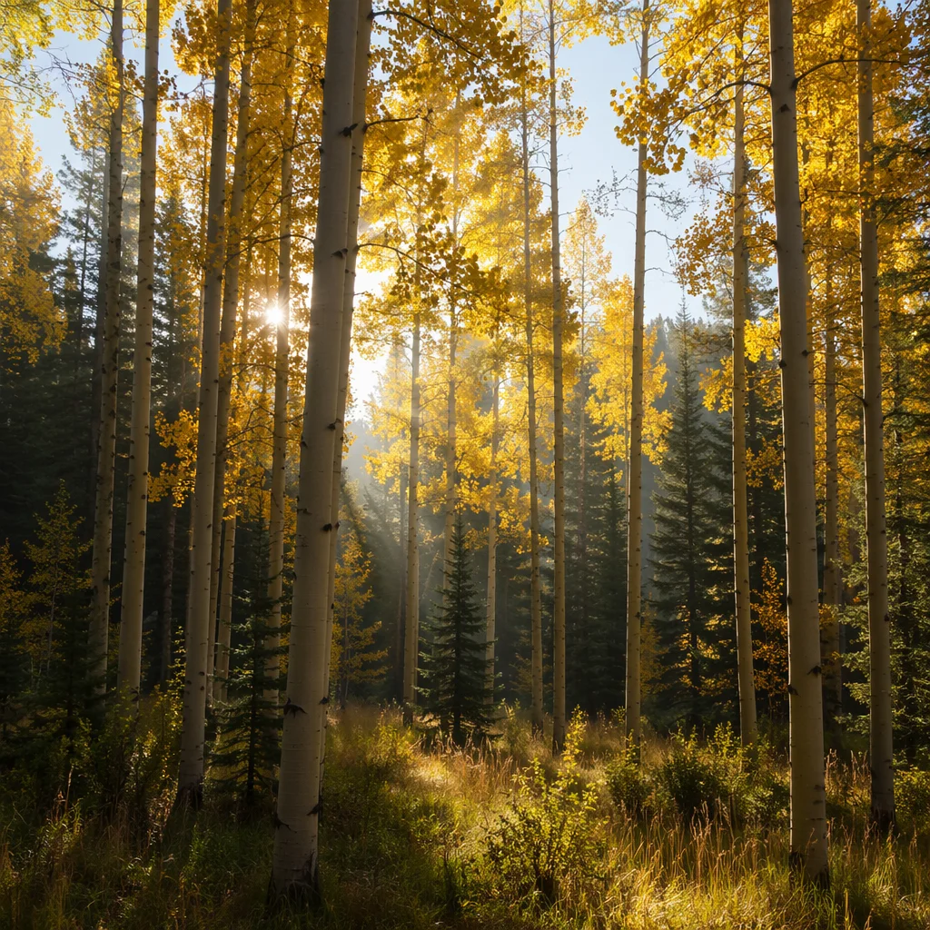 Sunbeams Through Evergreen Aspen Canopy