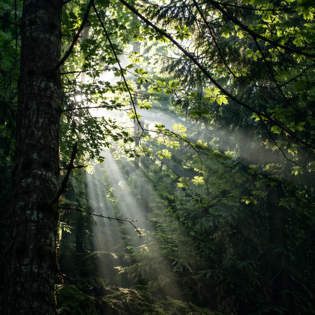 Sunbeams Through Evergreen Forest Canopy