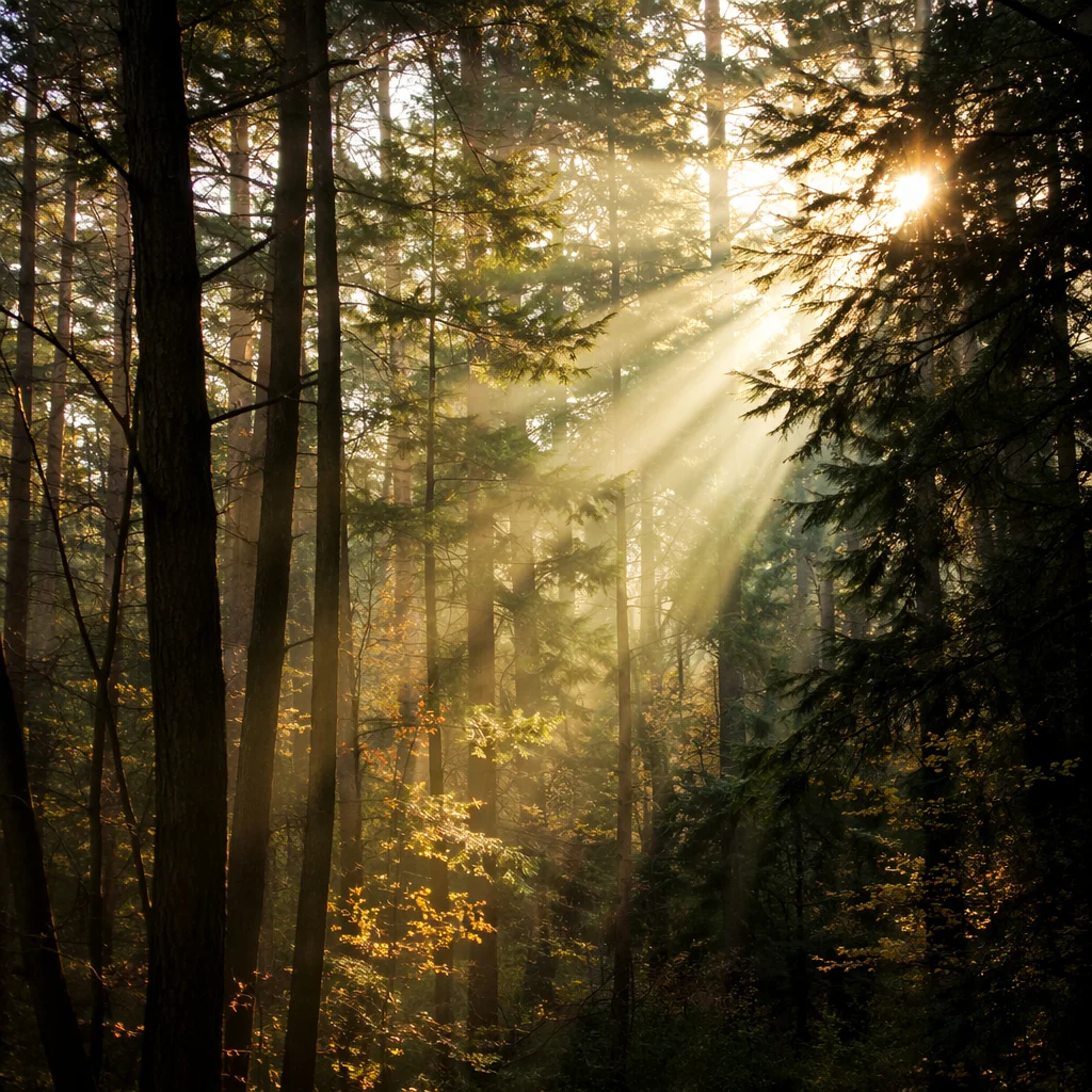 Golden Sunlight Through Evergreen Forest Canopy