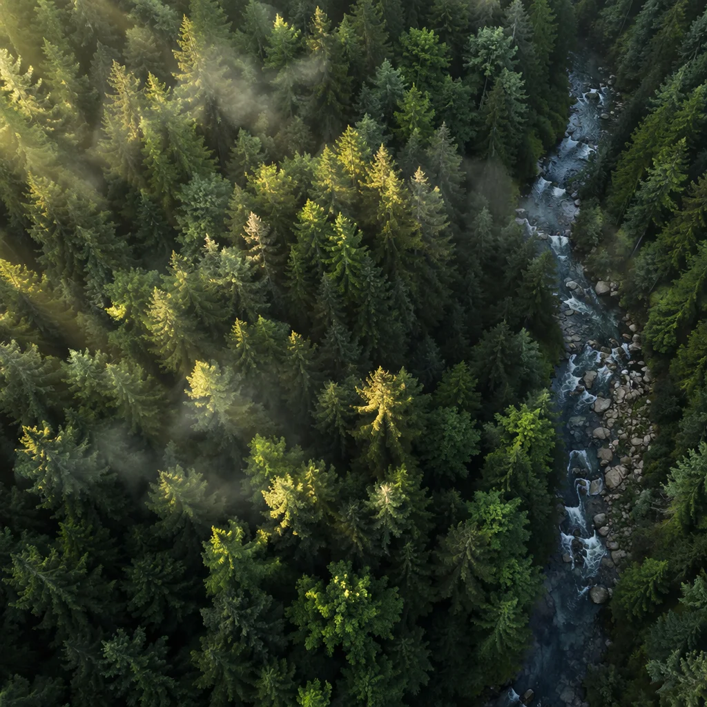 Sunlit Evergreen Canopy with Winding River