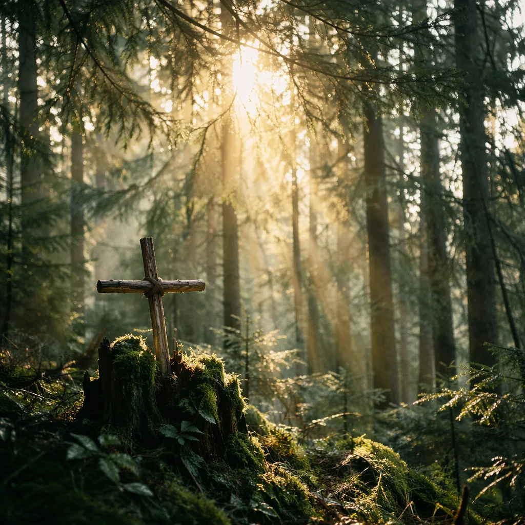 Golden Sunlight Over Forest Cross