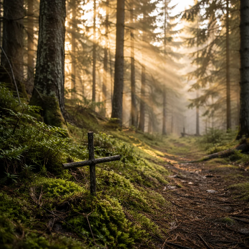 Golden Sunlight Through Evergreen Forest Canopy