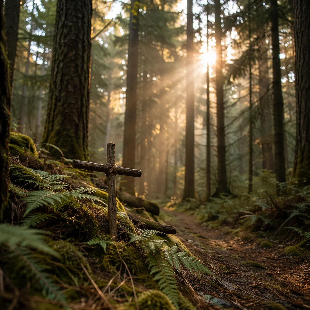 Sunlit Evergreen Forest Cross at Dawn