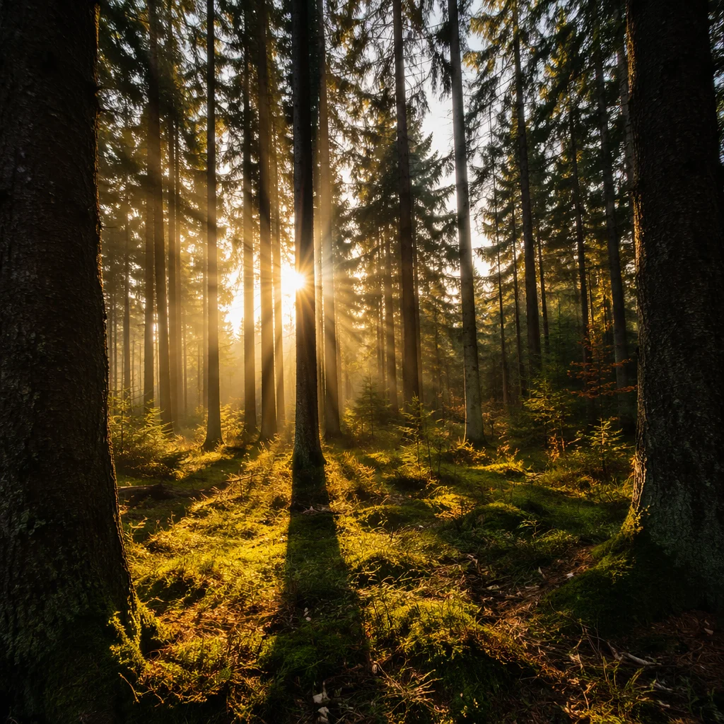 Golden Sunbeams Through Evergreen Forest Canopy