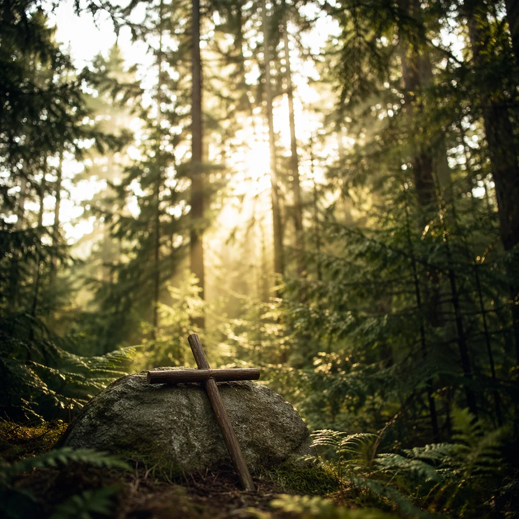 Wooden Cross in Sunlit Evergreen Forest