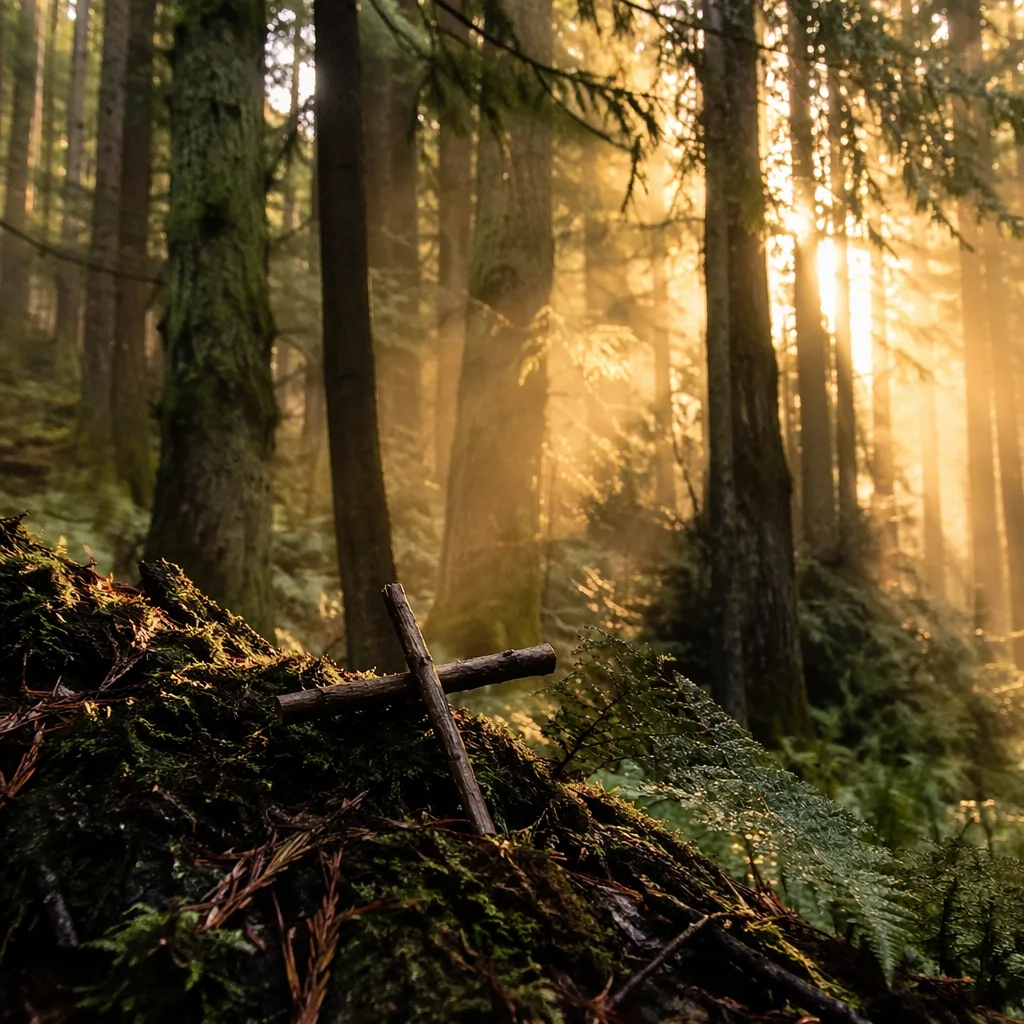 Morning Sunlight Over Forest Twig Cross