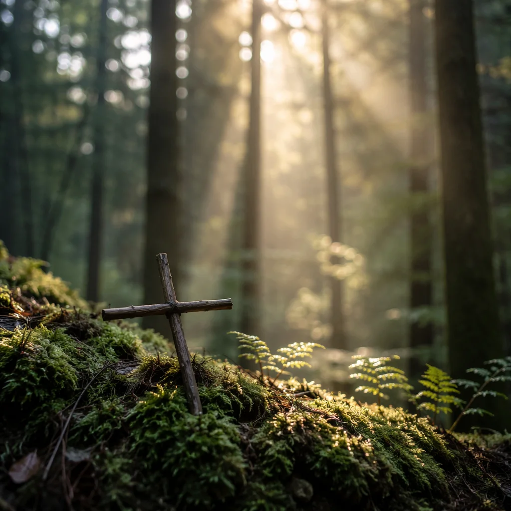 Morning Sunlight Over Mossy Forest Cross