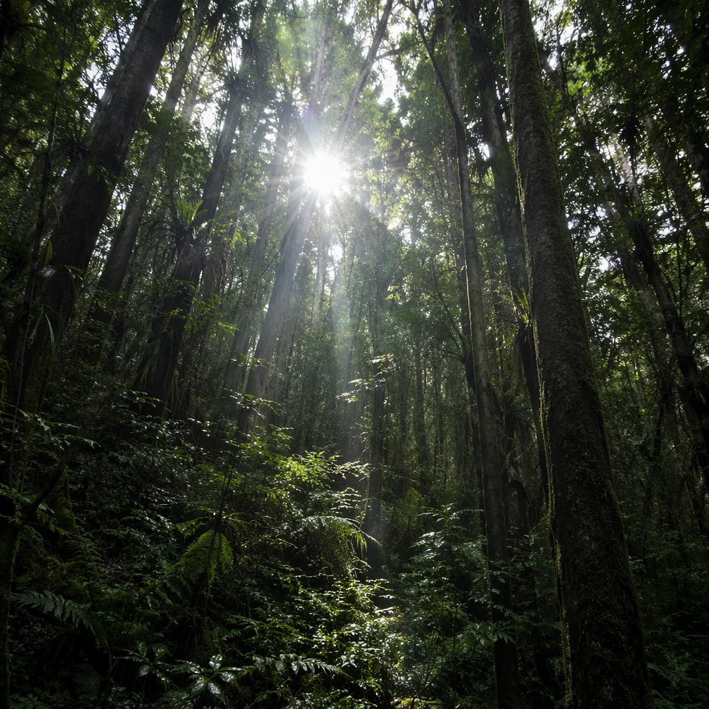 Sunlit Evergreen Forest Canopy with Sacred Rays