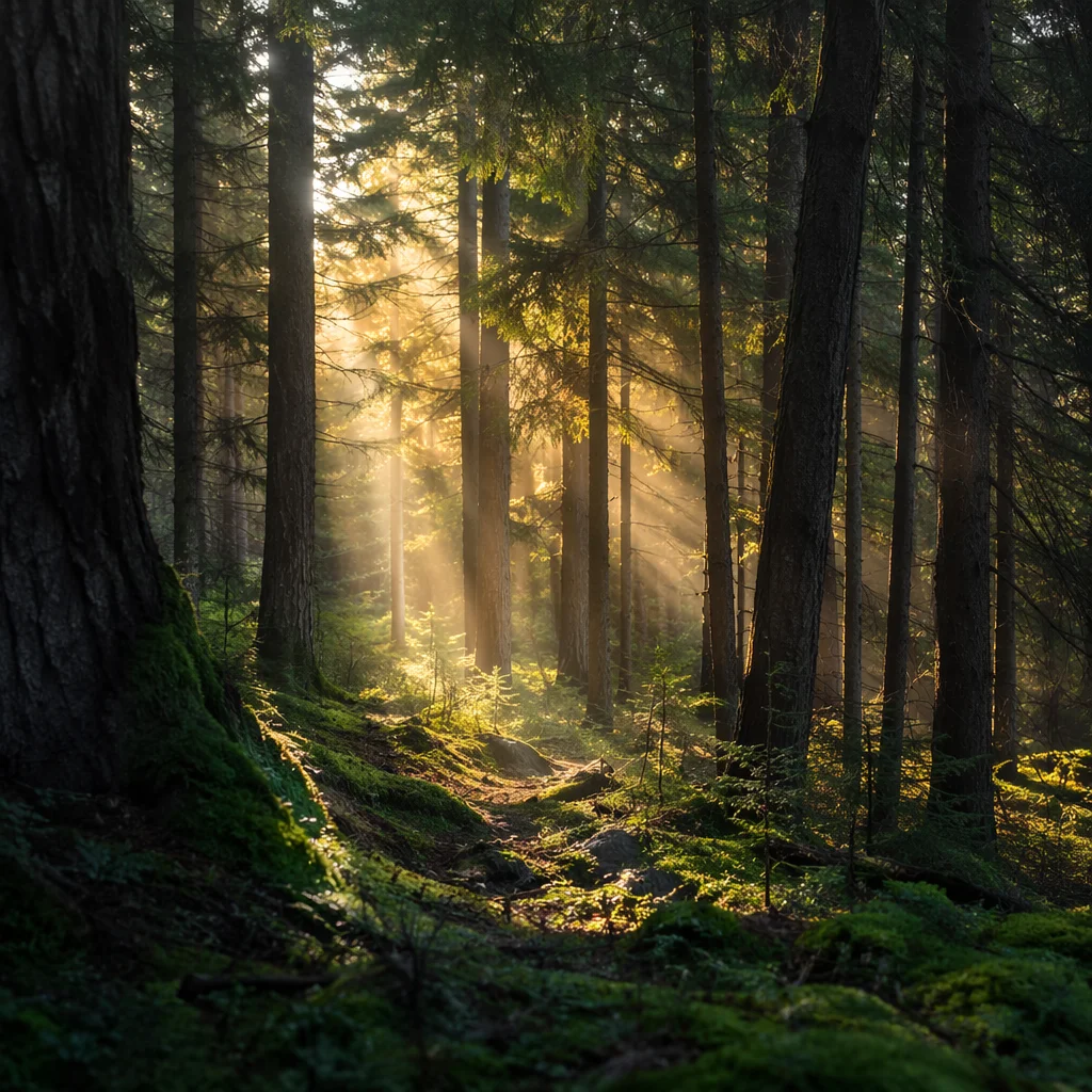 Golden Sunbeams Through Evergreen Forest Canopy