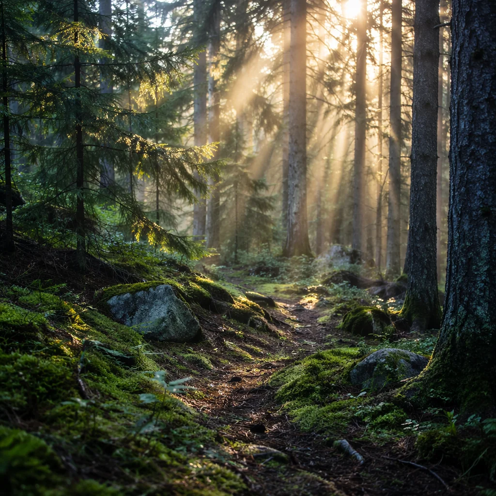 Golden Sunbeams Through Evergreen Forest Canopy