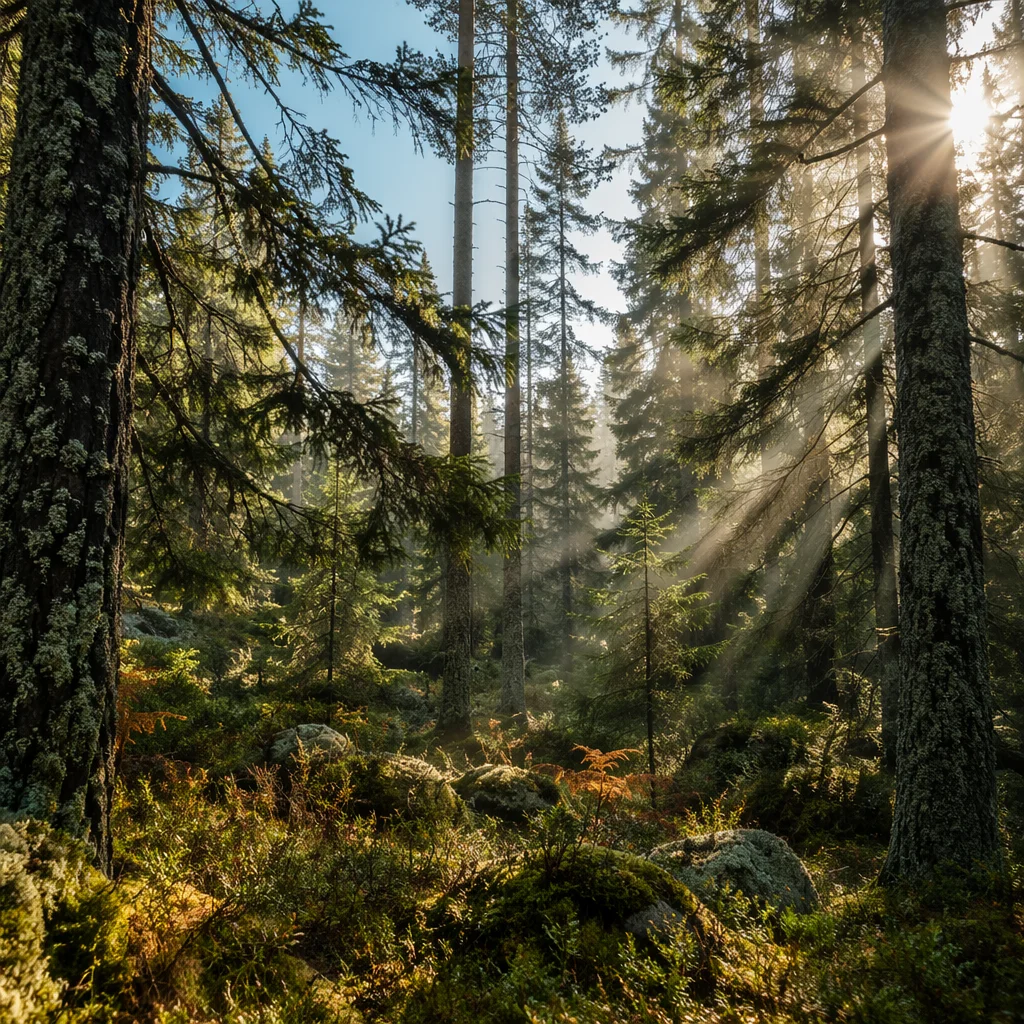 Sunlight Through Evergreen Forest Canopy