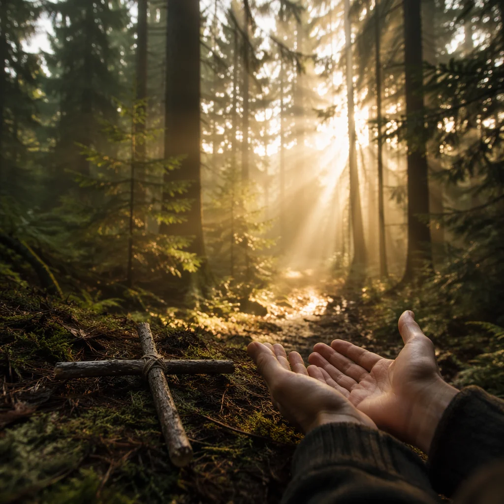 Golden Dawn Prayer in Evergreen Forest