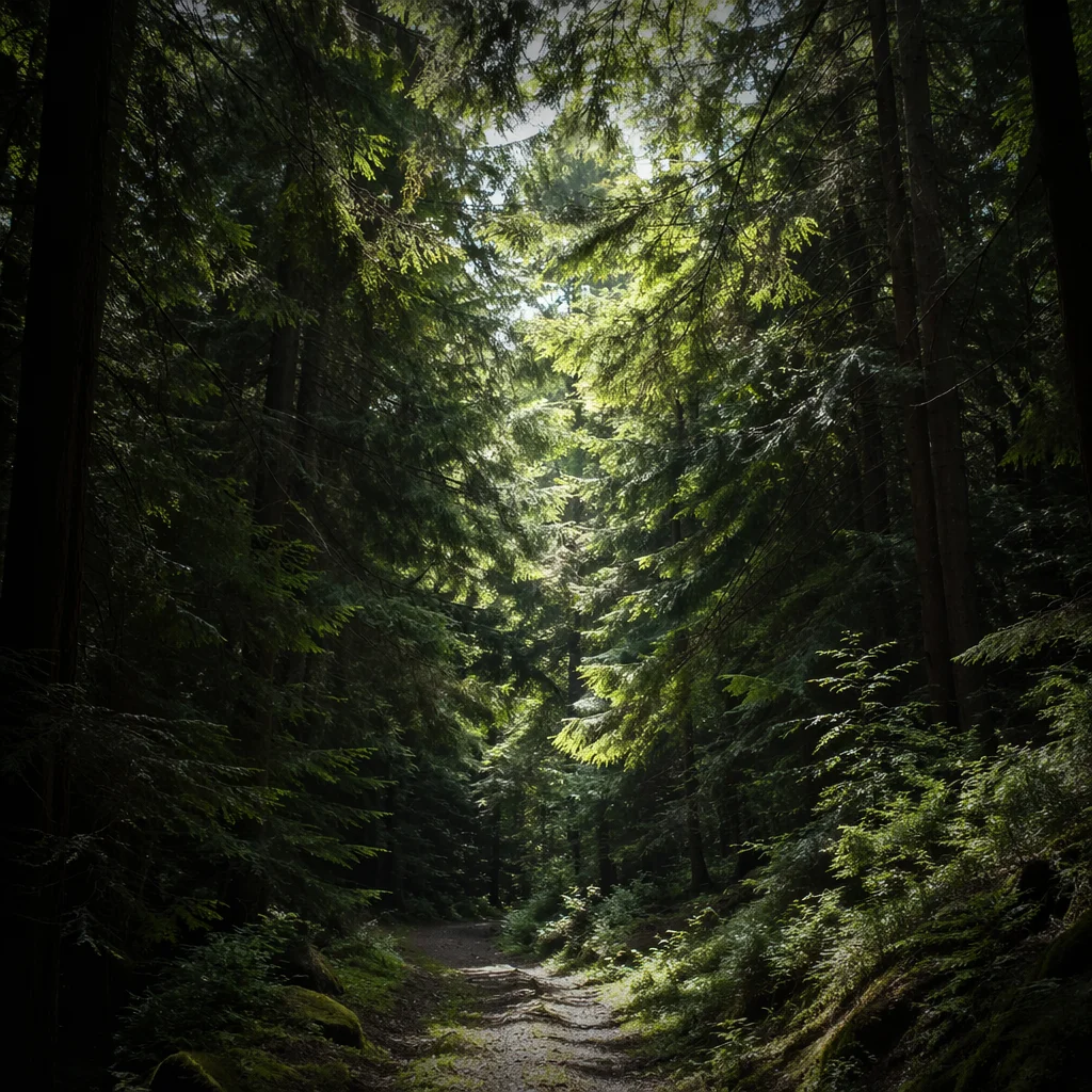 Sunlit Evergreen Forest Canopy Path