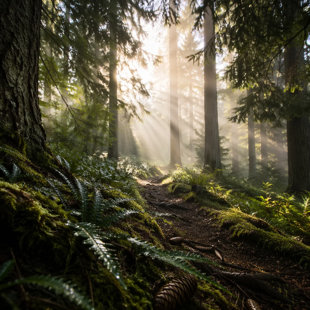 Golden Sunlight Through Evergreen Forest Canopy