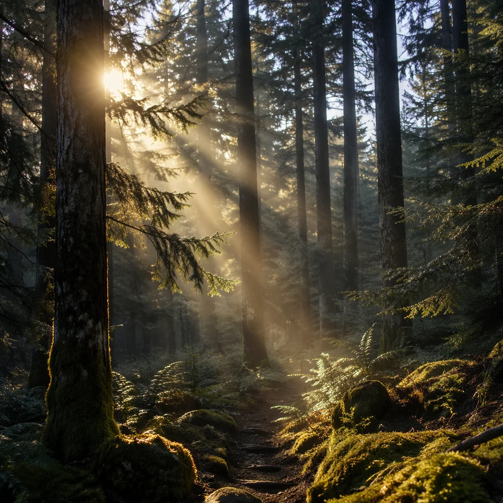Golden Sunlight Through Evergreen Forest Canopy