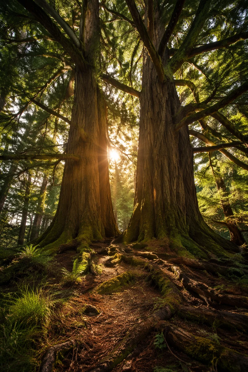Sunlit Evergreen Forest Cathedral Canopy