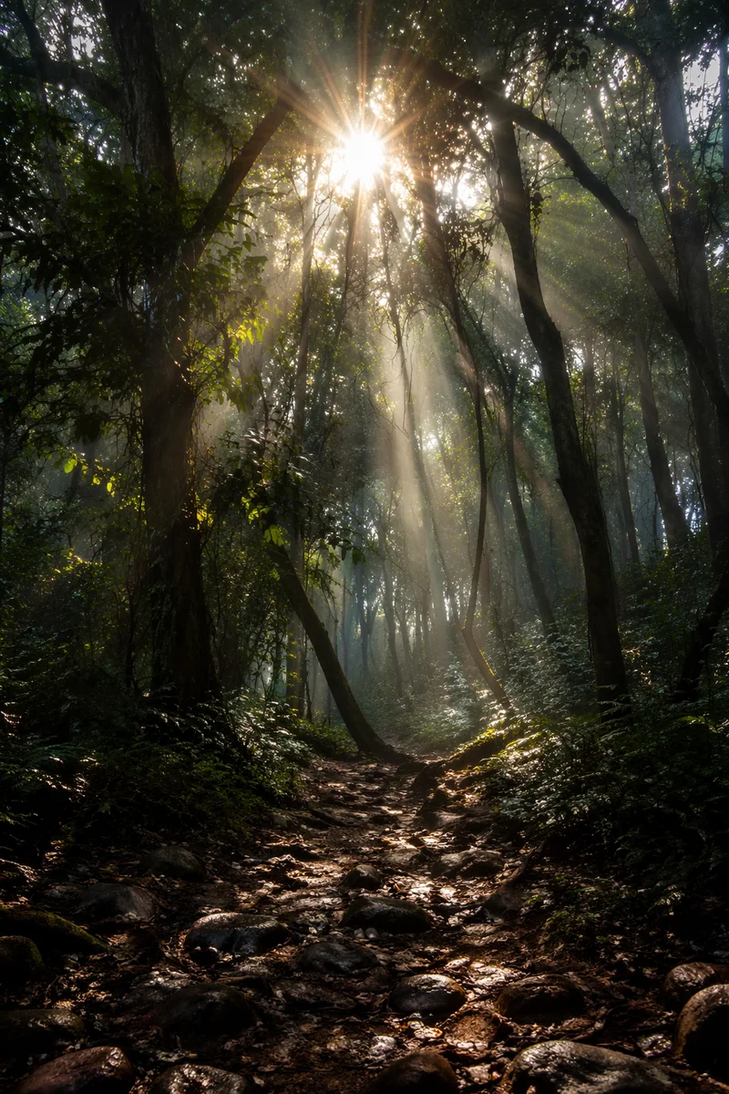 Morning Sunbeams Through Evergreen Forest Canopy