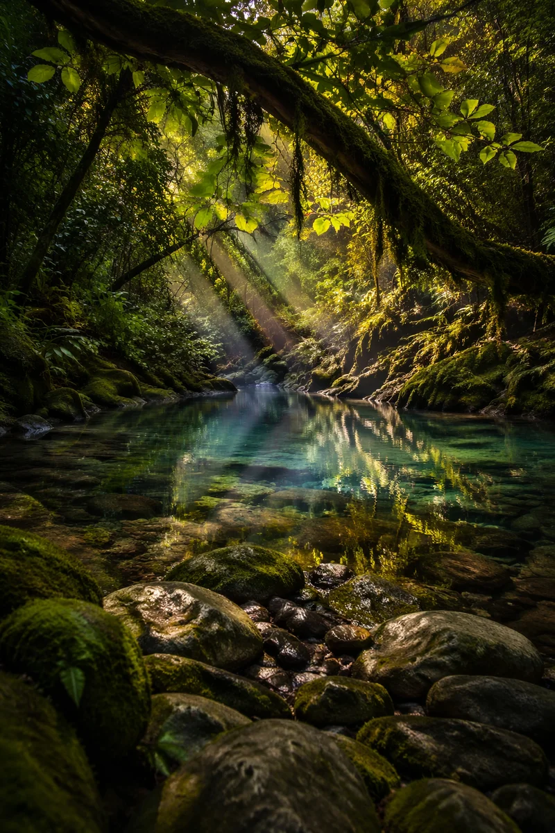 Sunlit Evergreen Creek in Peaceful Forest