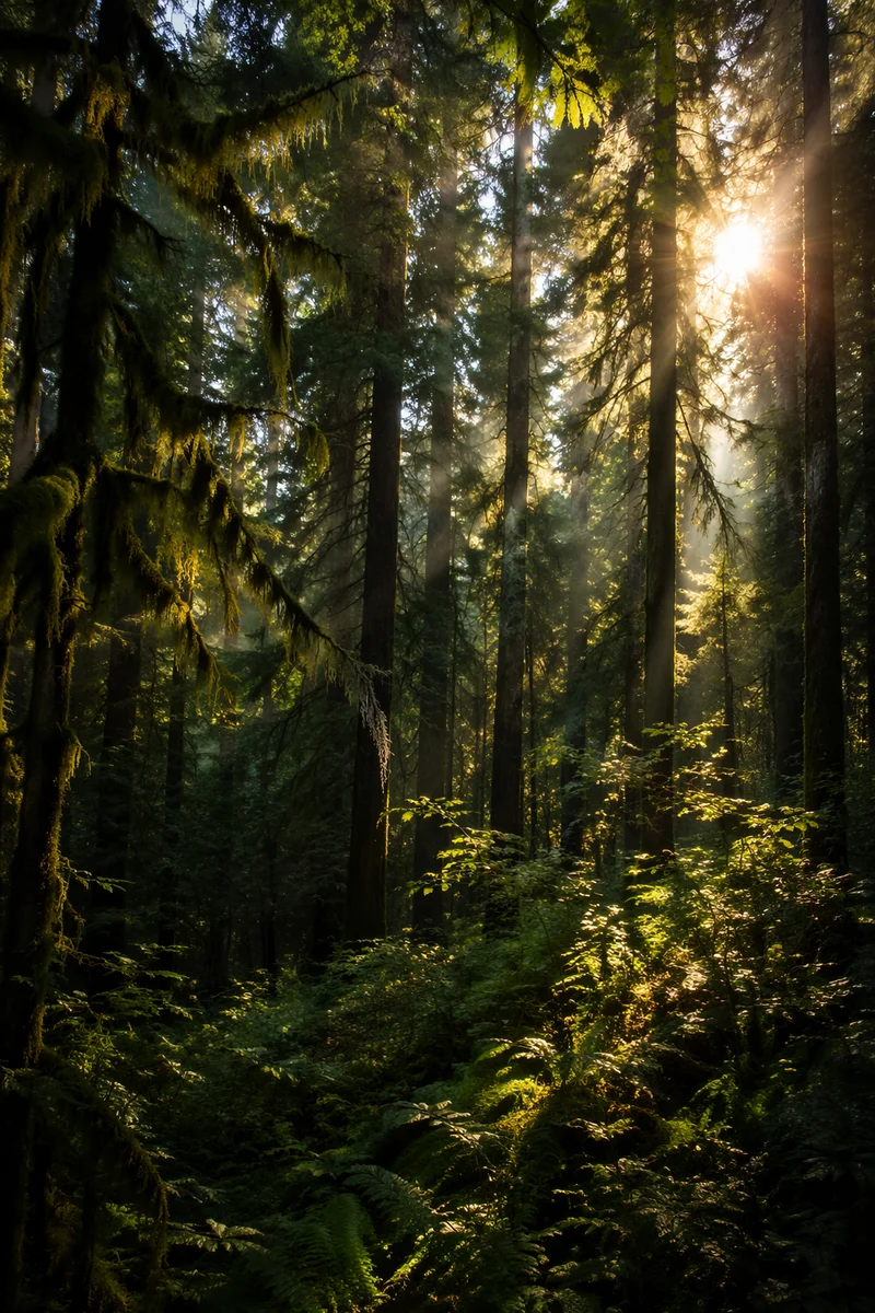 Sunlight Through Evergreen Forest Canopy