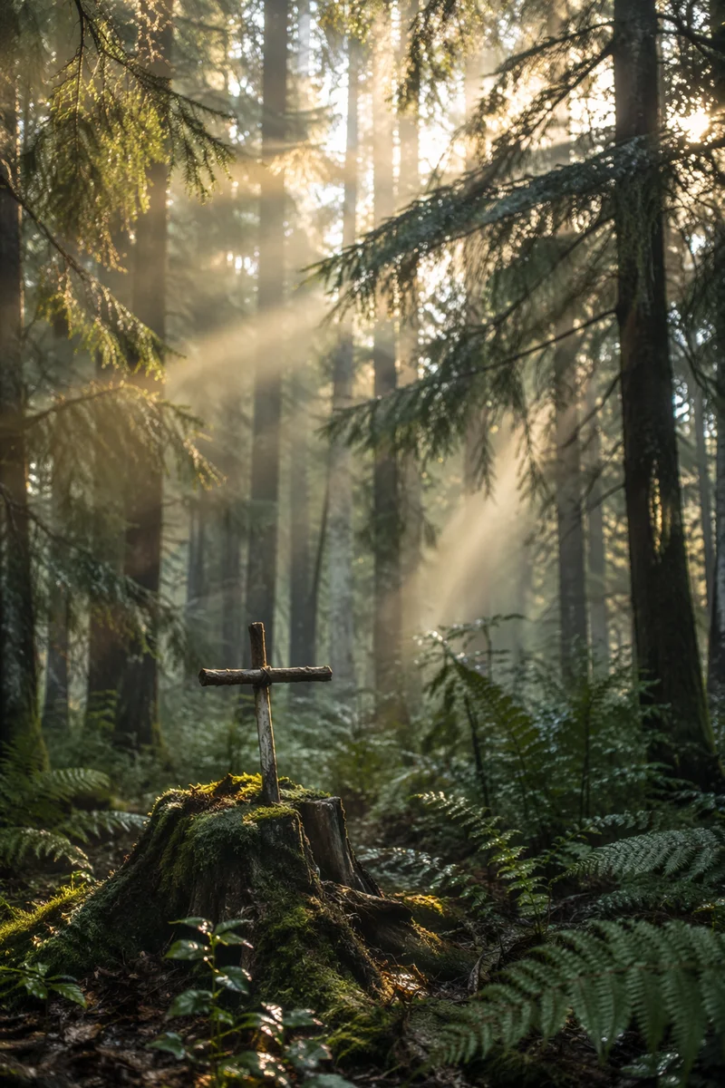 Golden Sunlight Over Forest Cross