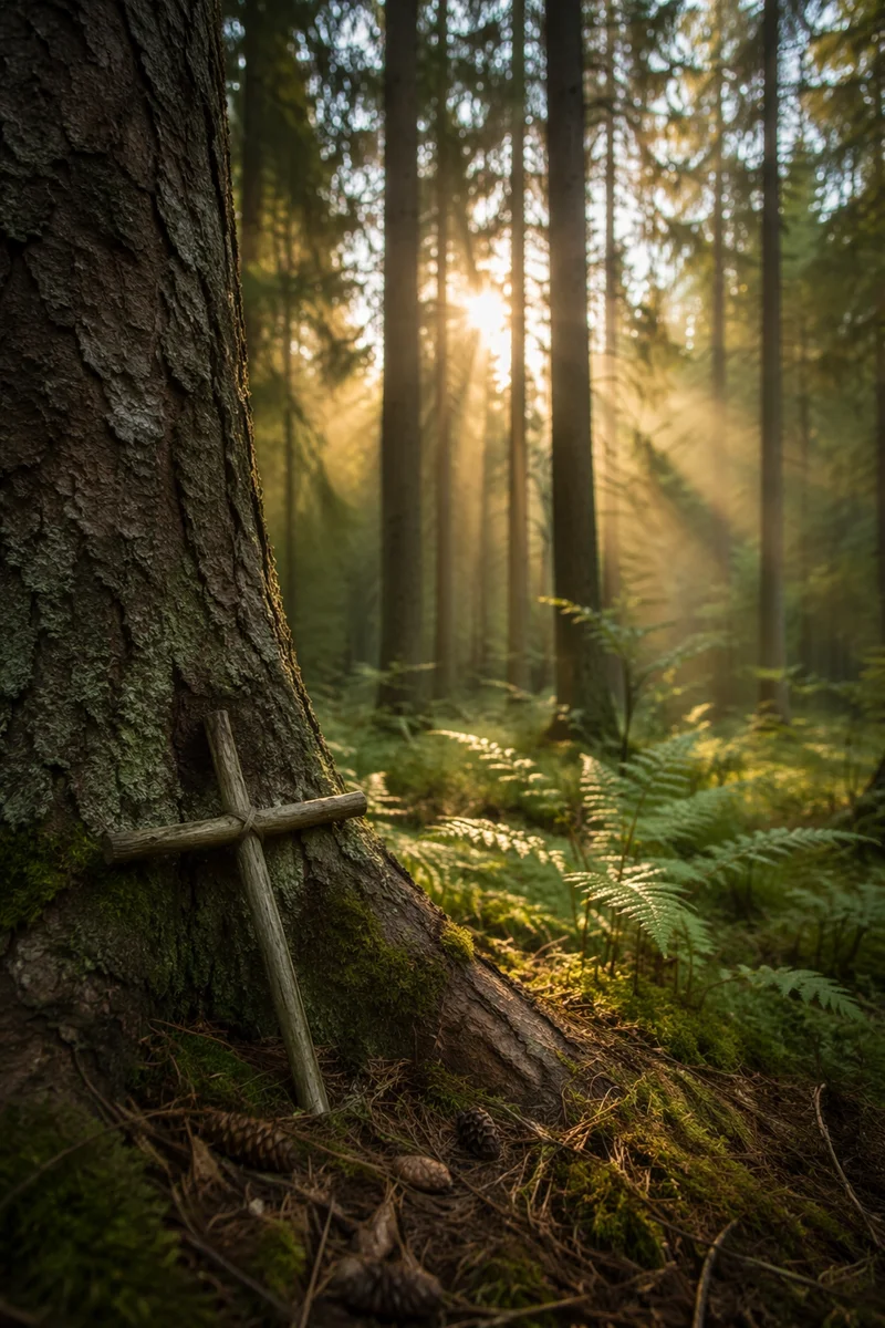Sunlit Evergreen Forest Cross at Dawn