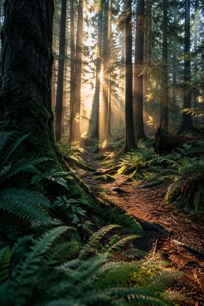 Sunlight Rays Through Evergreen Forest Canopy