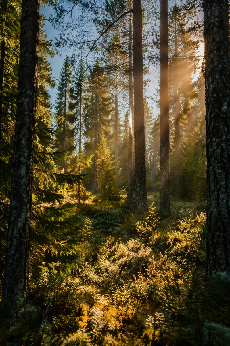 Golden Sunlight Through Evergreen Forest Canopy