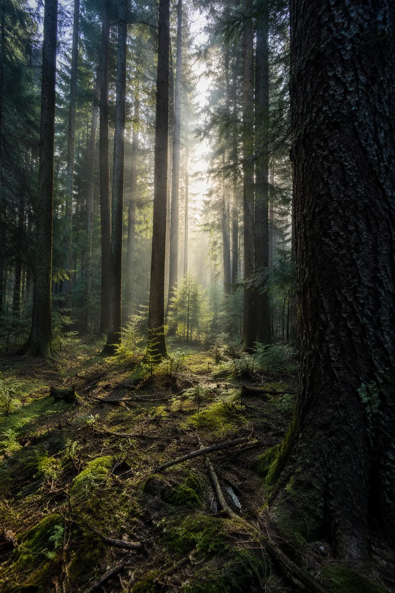 Sunlight Through Quiet Evergreen Forest Path