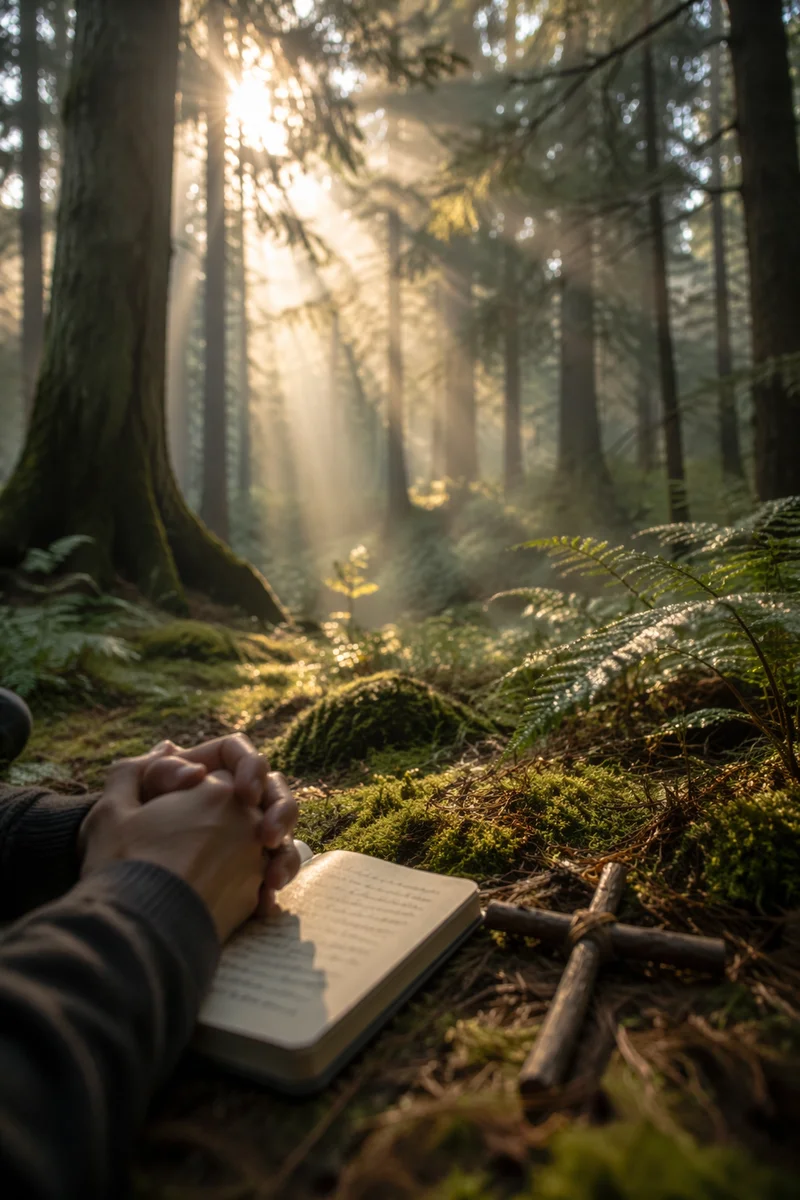 Morning Prayer Beneath Evergreen Forest Light