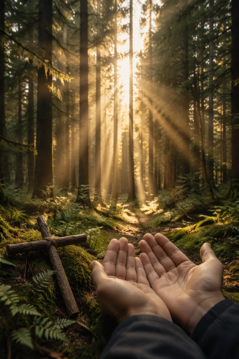 Golden Dawn Prayer in Evergreen Forest