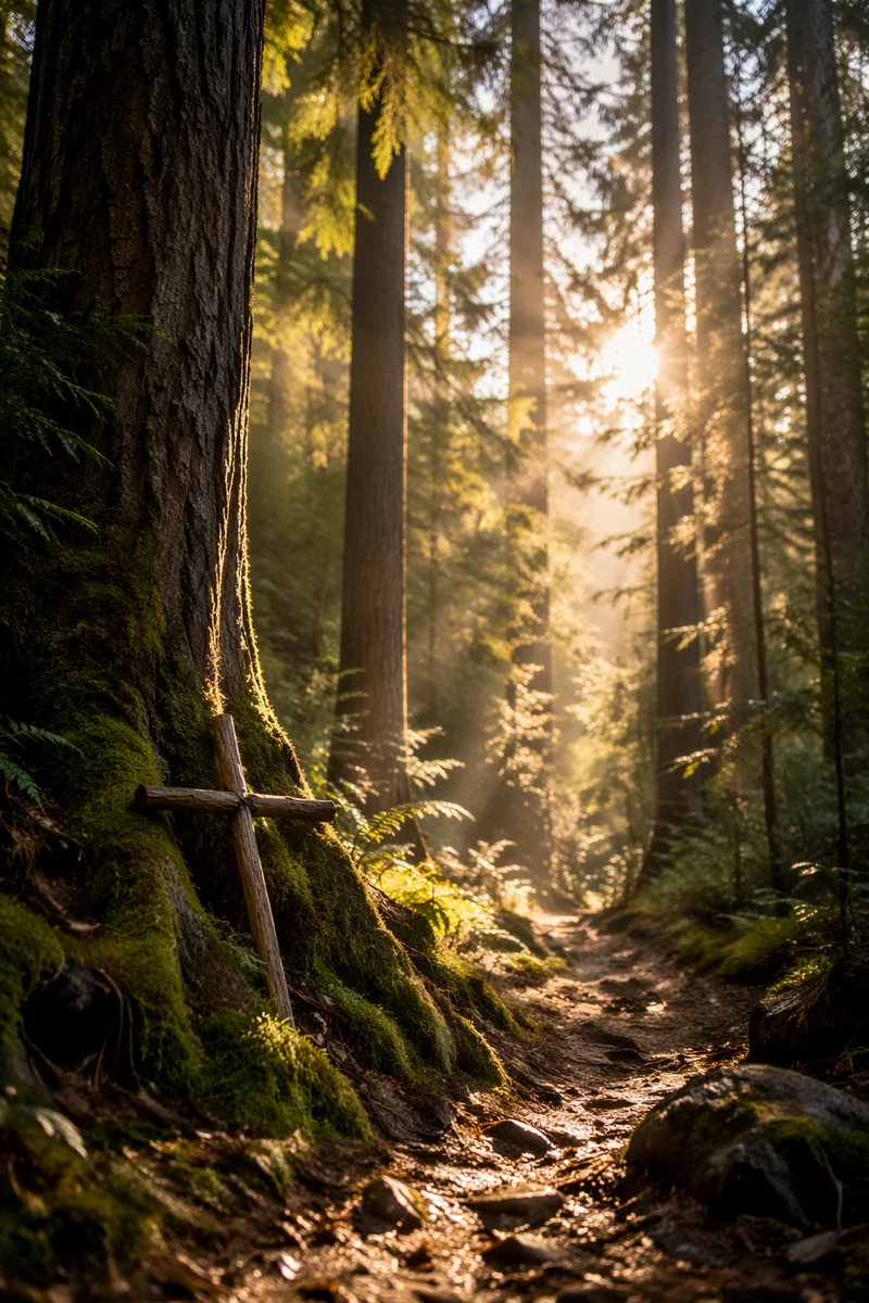 Golden Sunlight Over Forest Cross