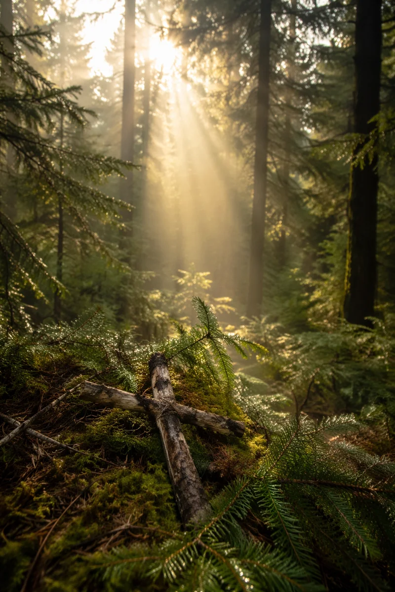 Sunlit Evergreen Forest Cross at Dawn