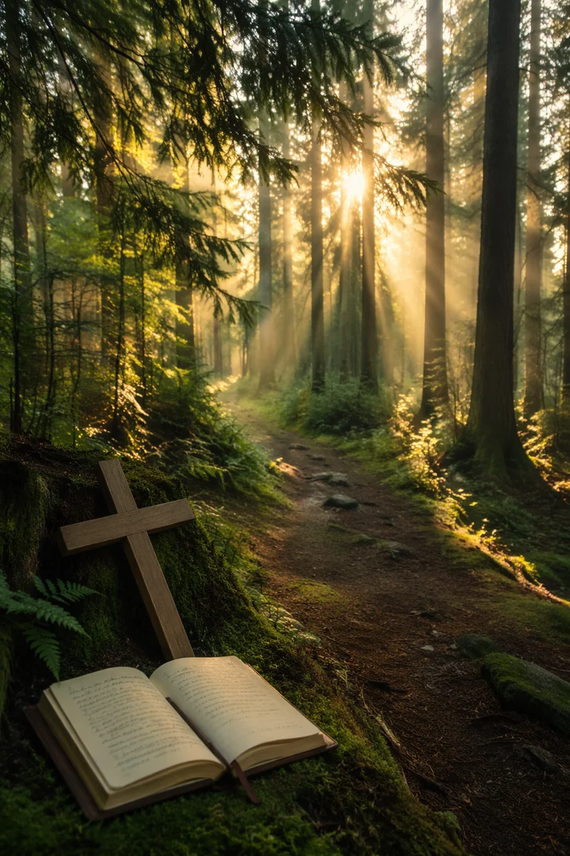Morning Sunlight Over Evergreen Prayer Path