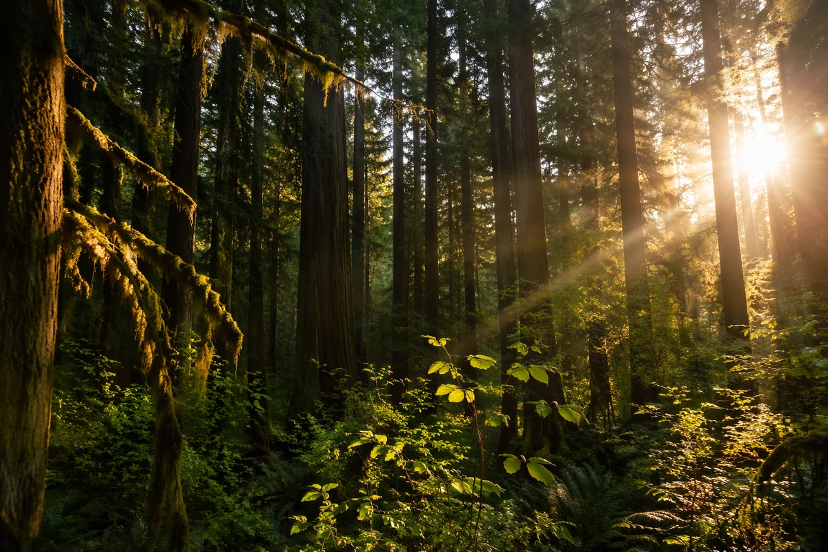 Sunlight Through Evergreen Forest Canopy