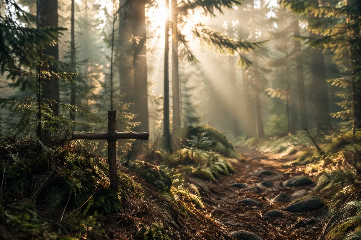 Golden Sunlight Over Evergreen Forest Cross