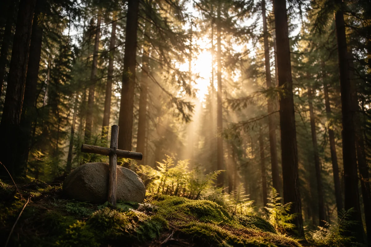 Sunlit Evergreen Forest Cross at Dawn