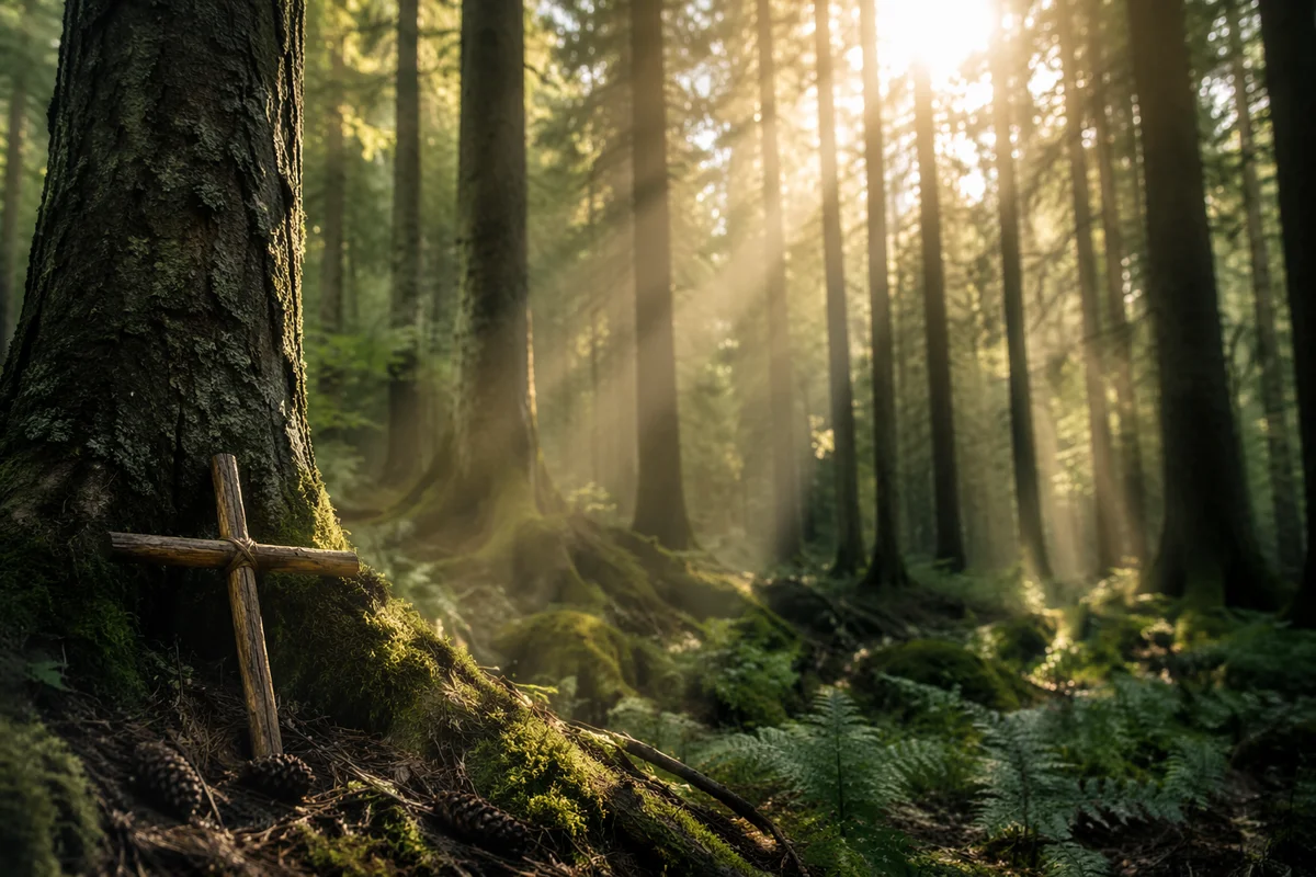 Morning Sunlight Through Evergreen Forest Cross
