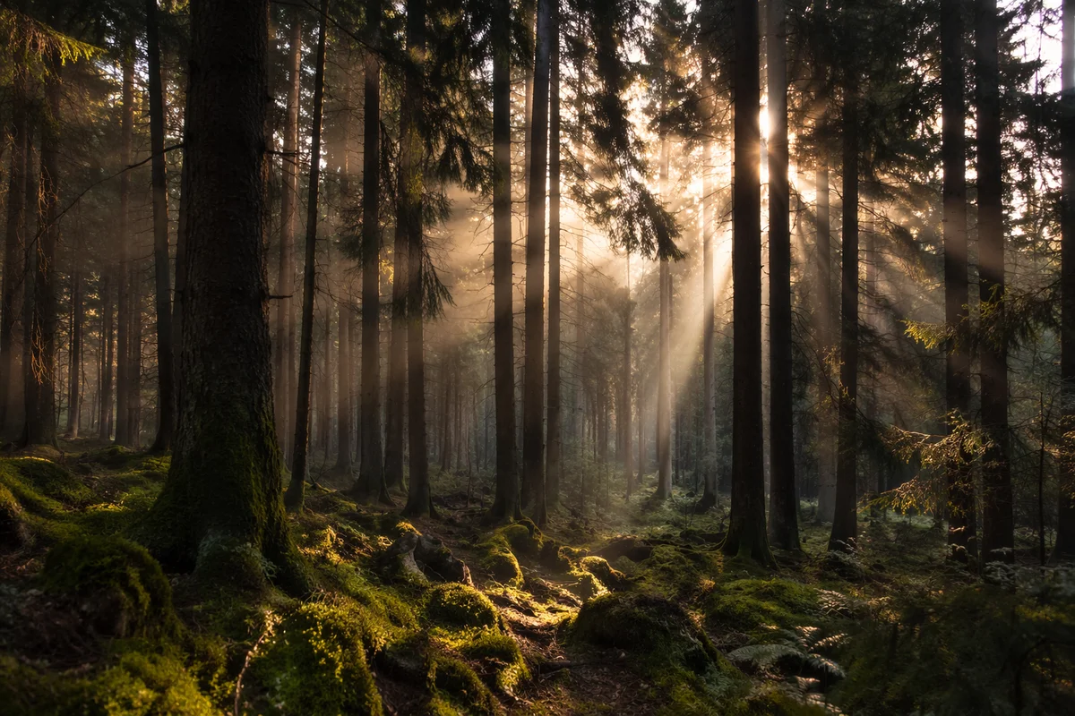 Golden Sunlight Through Evergreen Forest Canopy