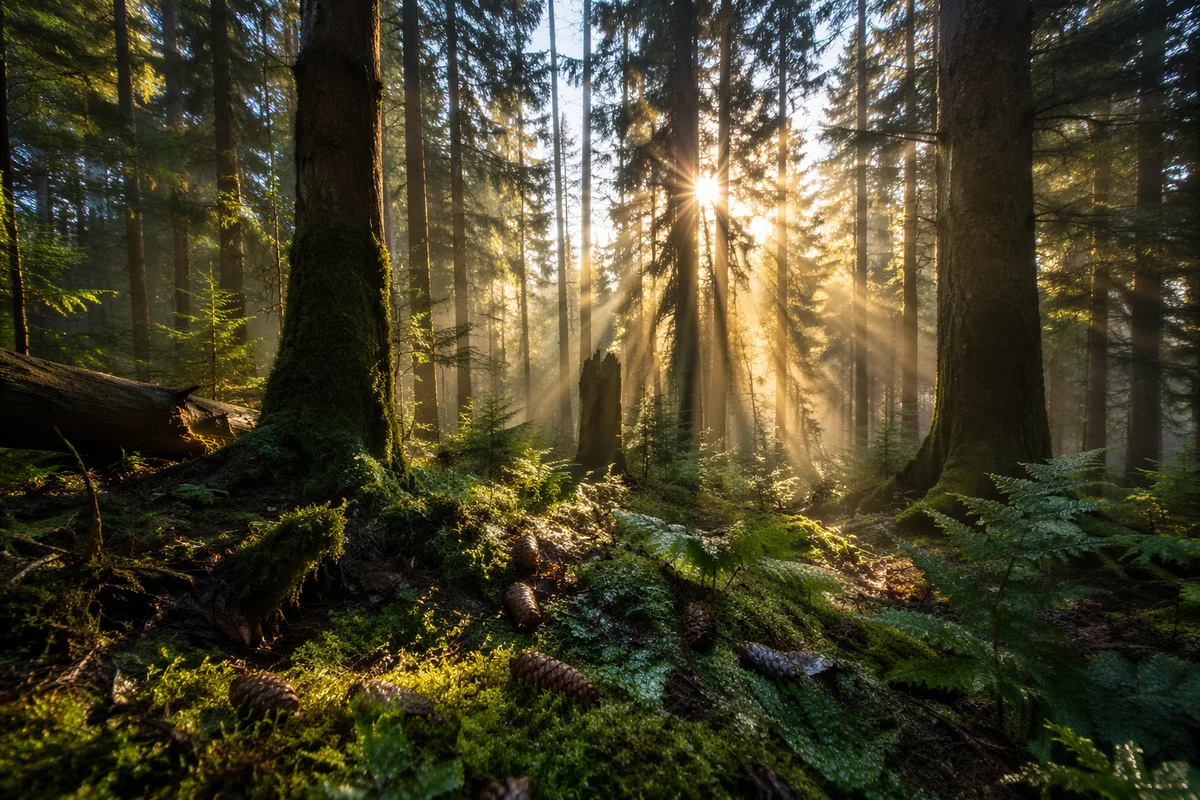 Morning Sunbeams Through Evergreen Forest Canopy