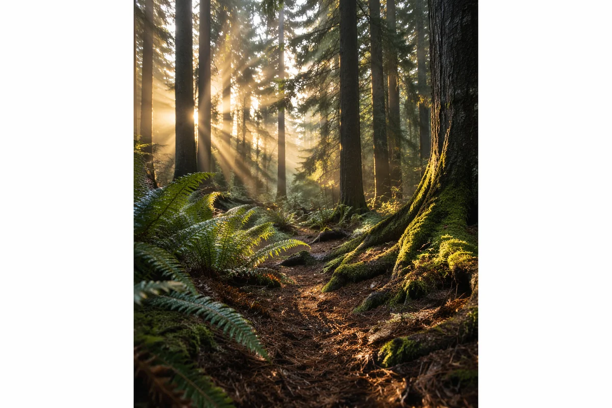 Sunlight Rays Through Evergreen Forest Canopy