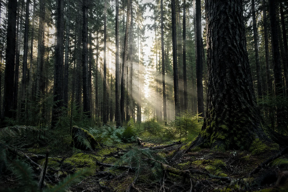 Sunlight Through Quiet Evergreen Forest Canopy